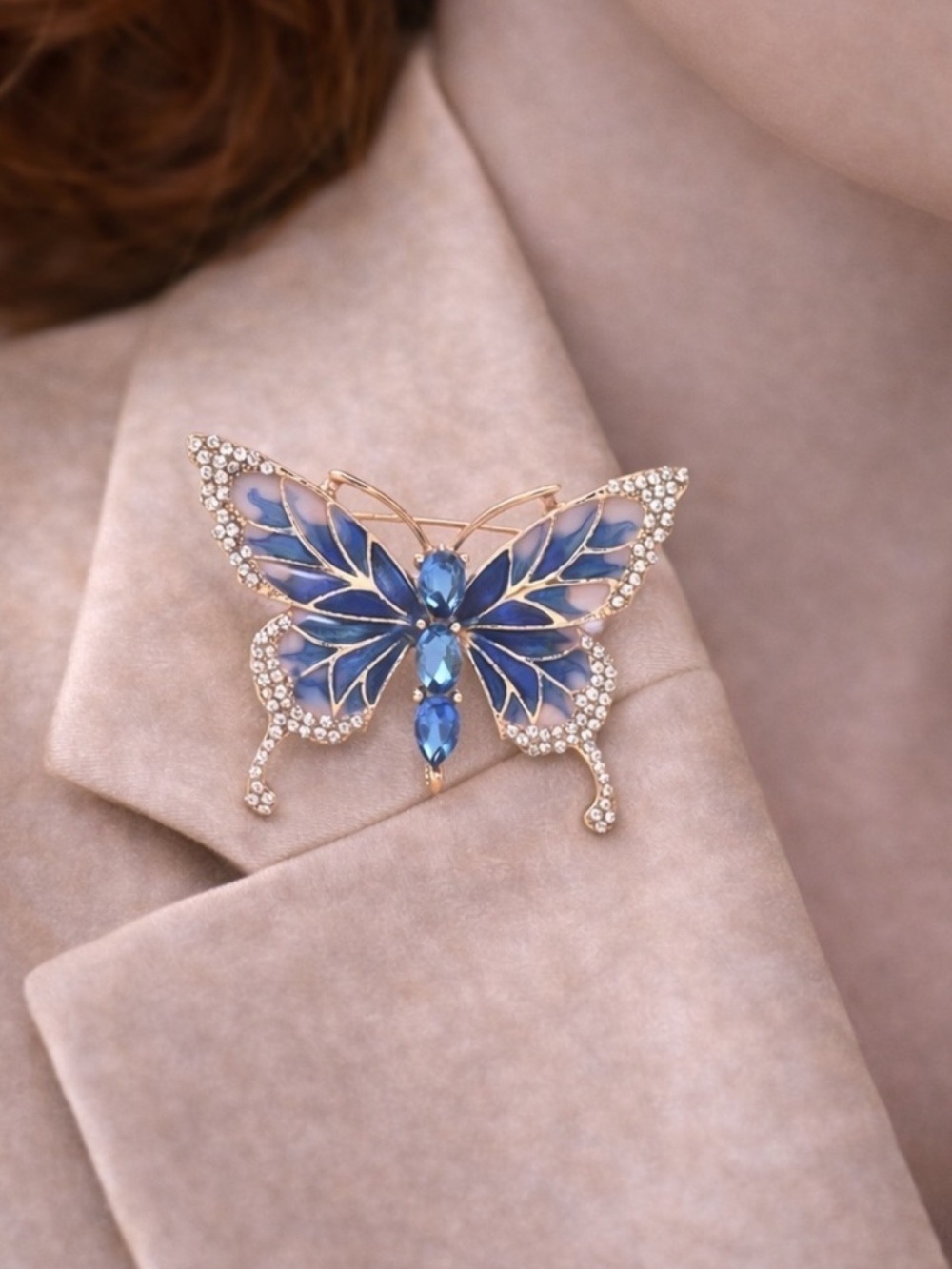 Blue Enamel & Crystal Butterfly Brooch